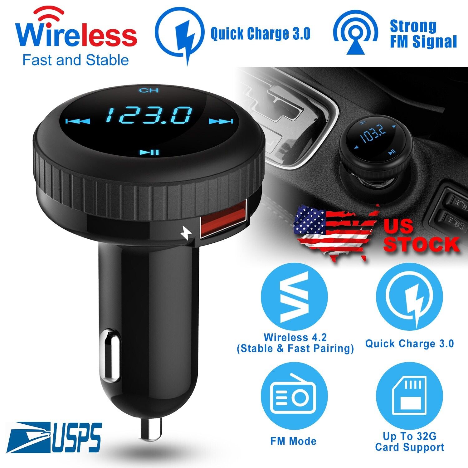 3.6a Wireless Bluetooth Car 2usb Charger FM Transmitter Radio