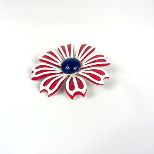 Vintage Metal Enameled Red White Blue Flower Power Daisy Aster Brooch Patriotic - Picture 2 of 3