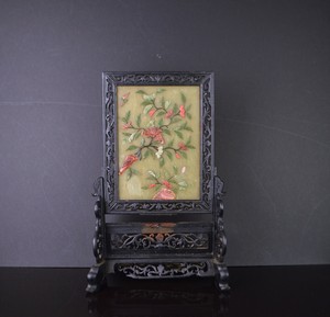 A CHINESE AGATE , JADE AND CORAL TABLE SCREEN IN WOODEN FRAME