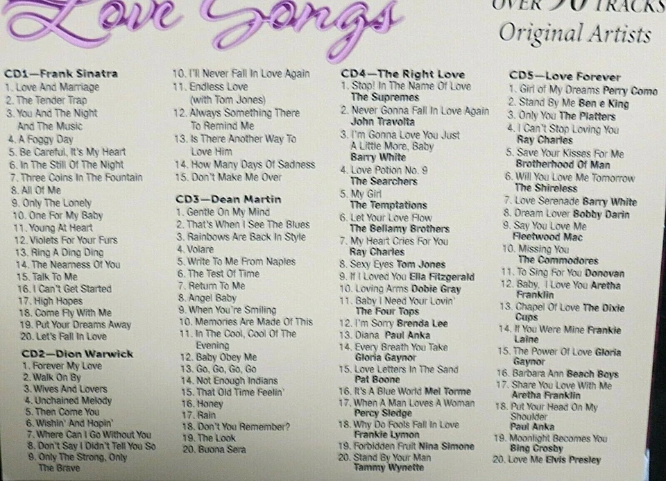 Best Love Song 5CDs 90 Songs, Dean Martin ,Frank Sinatra, Dionne Warwick, Elvis - Image 2 of 4
