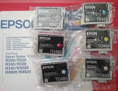 SET 6 GENUINE EPSON 48 INKS STYLUS RX620 T0481 T0482 T0483 T0484 T0485 T0486 NEW