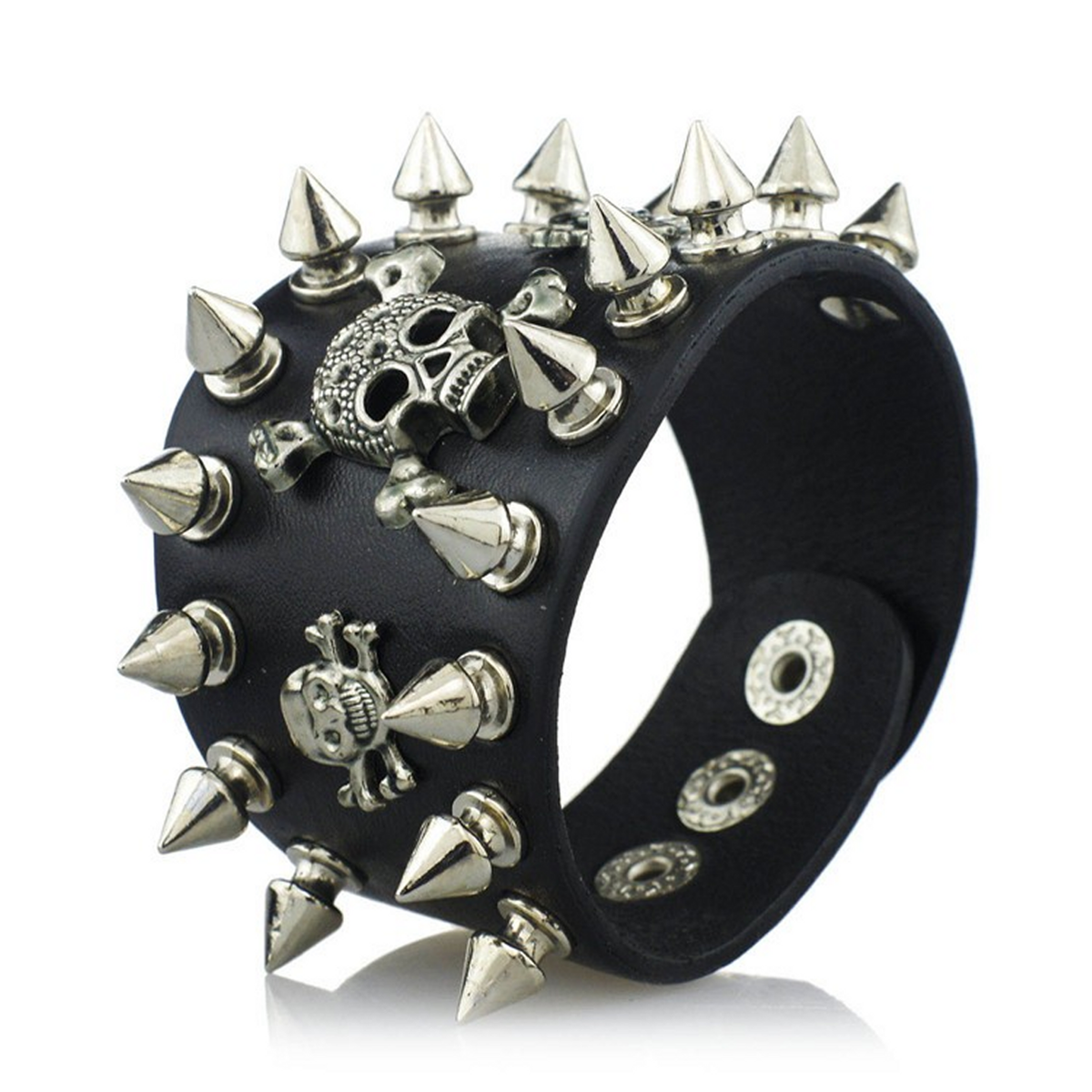 Goth Biker Black Leather Bracelet – Spiked & Skull Studded Punk