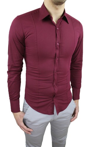 CAMICIA UOMO DIAMOND SLIM FIT BORDEAUX CASUAL ELASTICIZZATA taglia S M L XL  XXL | eBay