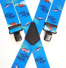 Mens Braces Heavy Duty 1.5" or 2" Salmon Fishing Fish Light Blue Black Clips