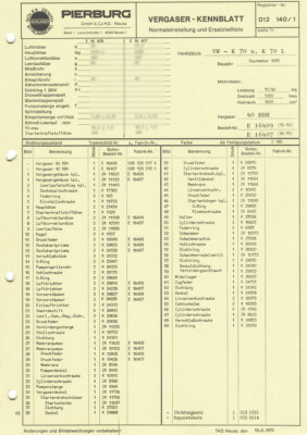 Datenblatt Einstellen Ersatzteile Solex 40 DDH Vergaser - VW K70 - 75 + 90 PS