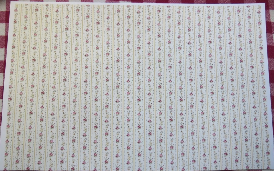 Dollhouse Miniature Shabby Chic Wallpaper Yellow & Pink Stripe Floral 1:12 Roses - Image 3 of 3