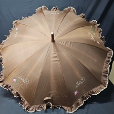 Vintage Frilly Brown Parasol Umbrella Strawberry And "Lois"
