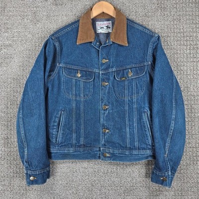 Vintage Lee Storm Rider Denim Jacket Mens 42L Blanket Lined Corduroy Collar Blue