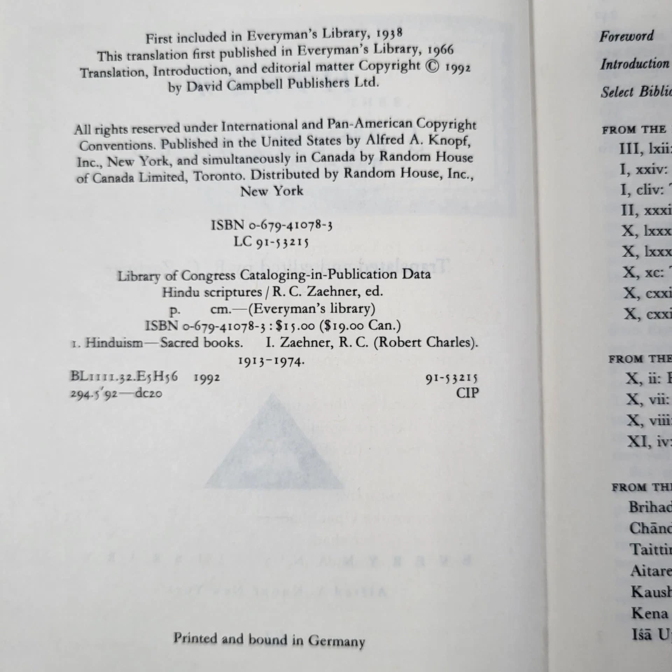 Hindu Scriptures R.C. Zaehner Hardcover Book Everyman's Library 1966 VERY GOOD - Image 4 of 4