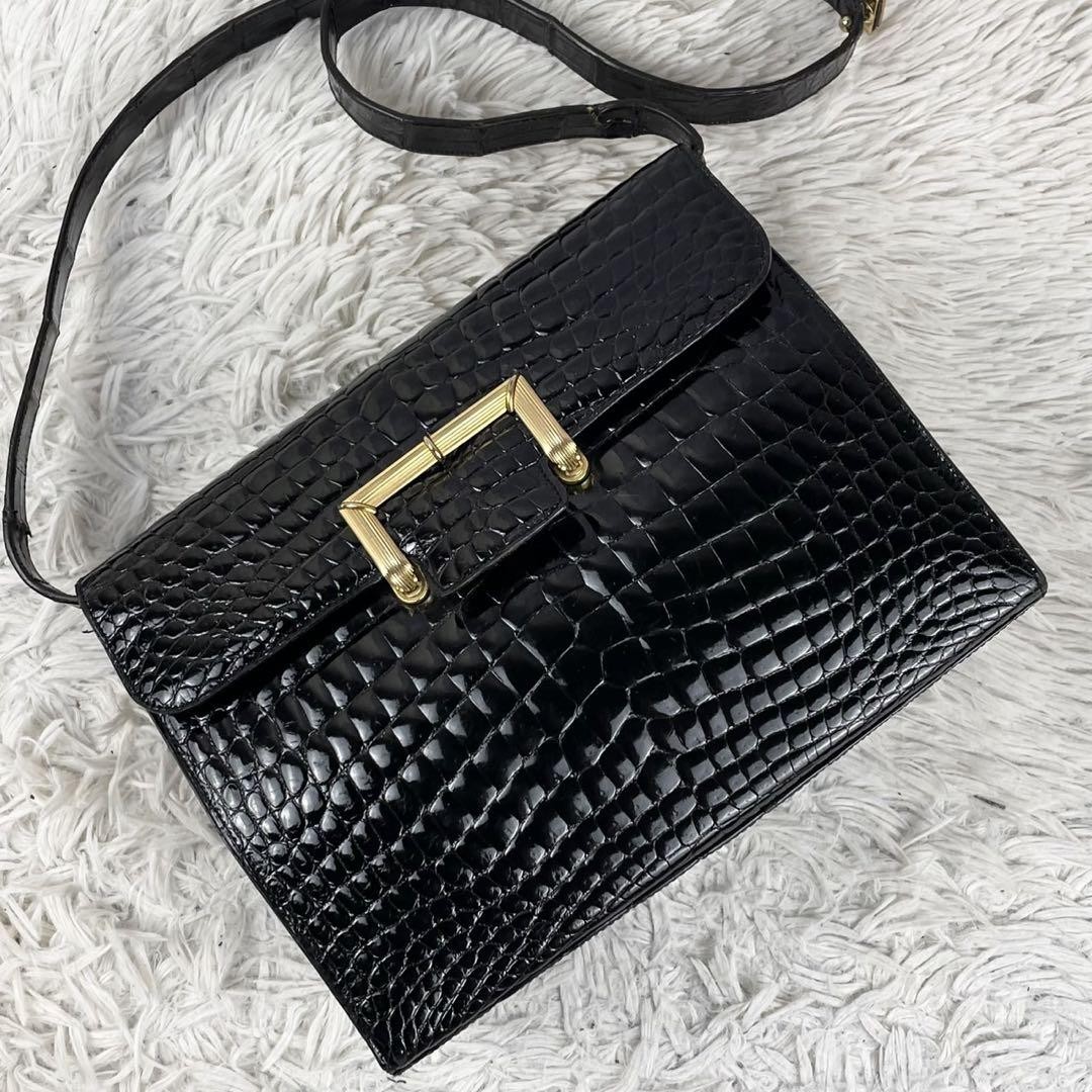 Vintage Christian Dior black crocodile-embossed leather shoulder bag excellent condition