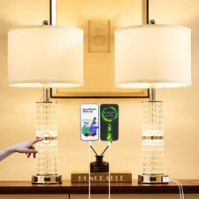 Modern Crystal Table Lamp Set of 2 with USB Ports  3-Way Dimming