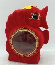 Vintage Red Flocked Seahorse Coin Bank Big Eyes Gold Eyelashes Japan Sticker
