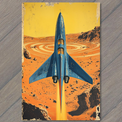 Art Print Retro Rocket Launch Mars Desert Craters Rings Jet Flames Sci Fi Space