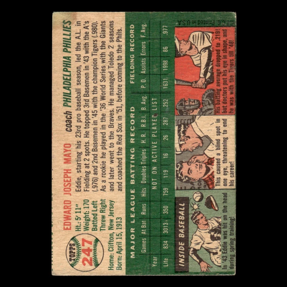 Eddie Mayo #247 1954 Topps Philadelphia Phillies Baseball Card MLB EX - Image 2 of 3