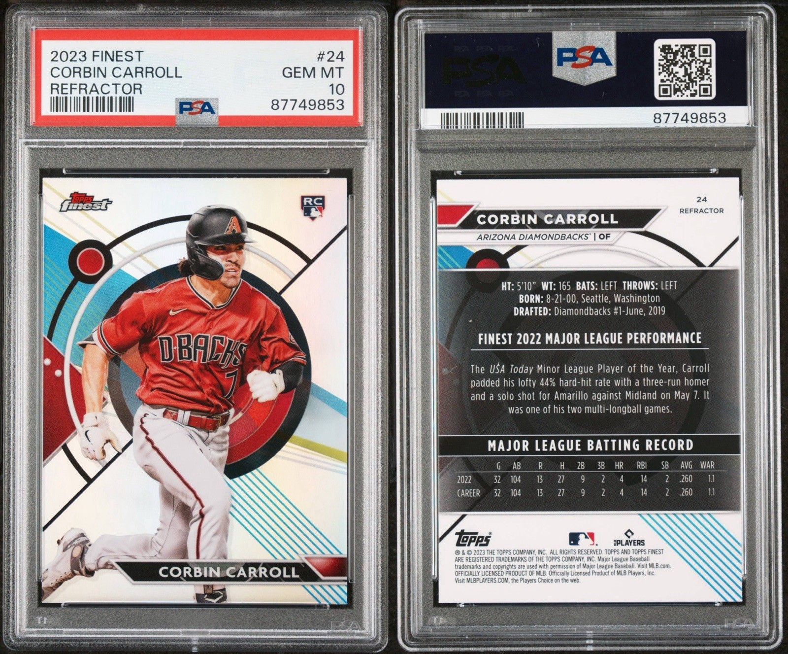 2023 Finest Refractor #24 Corbin Carroll RC PSA 10 GEM MINT view 3