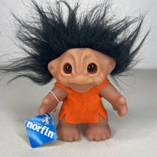 Vintage Norfin Troll Doll Thomas Dam 4.5 Black Hair Brown Eyes Orange Shirt