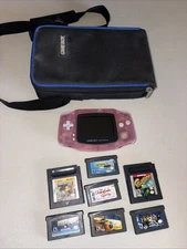 Nintendo Gameboy Advance Pink  AGB-001 Handheld w/ 7 Games and Carry Case Tested