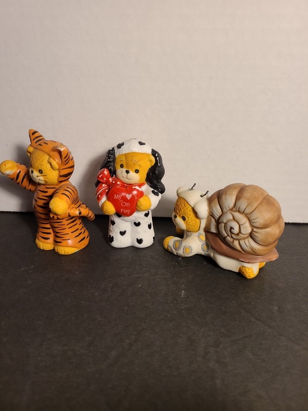 1980's Set Of 3 Lucy &  Me Porcelain Figurines In Costumes Dog, Tiger & Snail