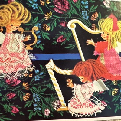 Vtg Christmas Card UNUSED Angels Rust Craft Fabric Yarn Hair Look 60s Mcm W/env
