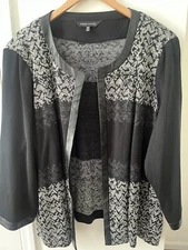 Ming Wang Plus Sz 3X Black & Gray Knit Open Jacket Faux Leather Trim 3/4 Sleeve