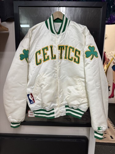 Vintage 80's Starter Boston Celtics NBA Satin Button Up Jacket Mens XL USA White
