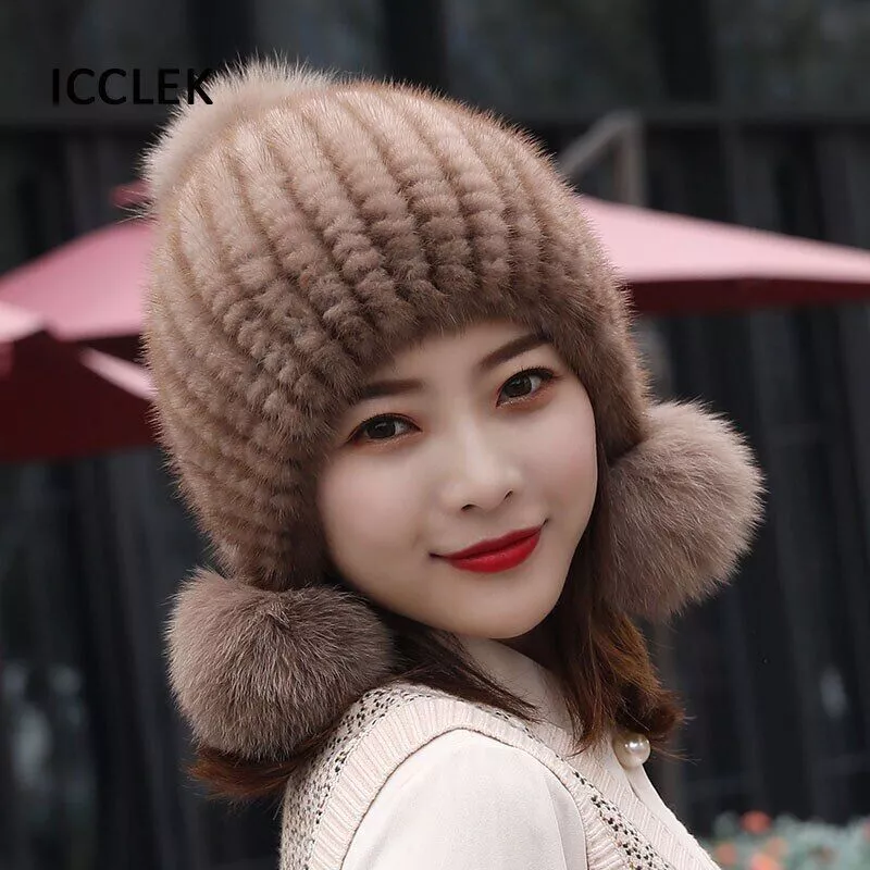 Real Fur Hat Women Winter Knitted Fur Hats Cap Thick Warm Russian Fur Hat