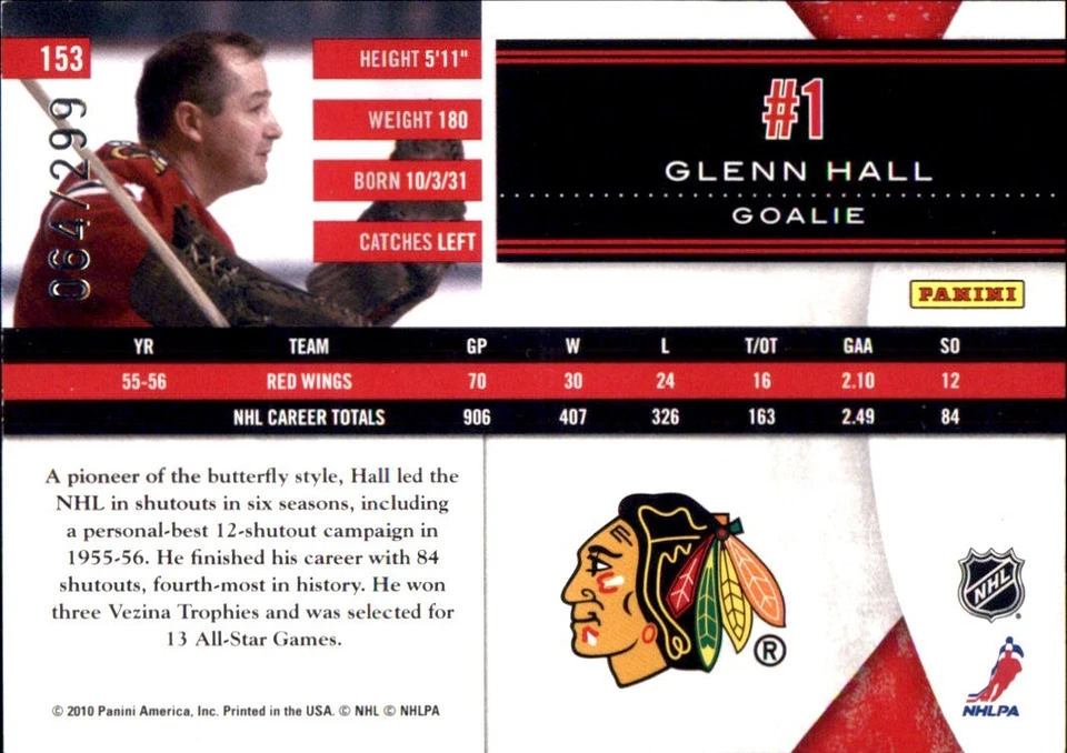 2010-11 Limited #153 Glenn Hall LEGEND SERIAL #64/299 CHICAGO BLACKHAWKS - Image 2 of 2