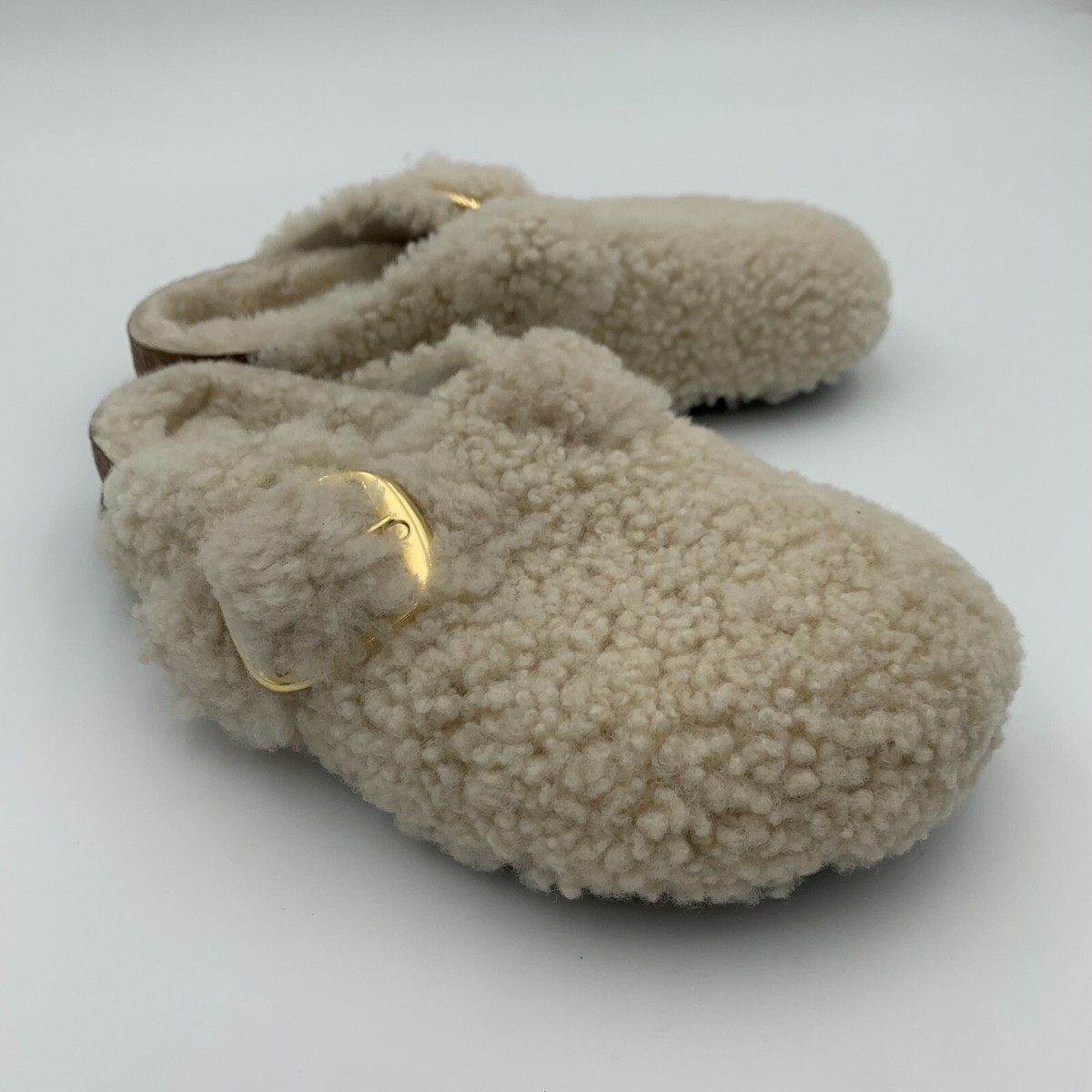 Birkenstock New w/o Box Boston Big Gold Buckle Teddy Eggshell