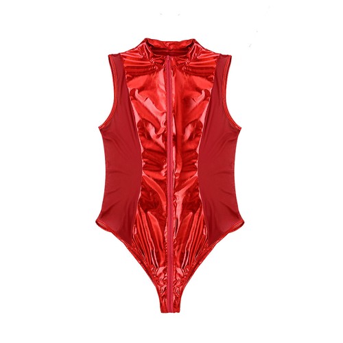 Women's Shiny Metallic Bodysuit Double Zipper Leotard Mesh Leather Jumpsuit - Picture 13 of 37