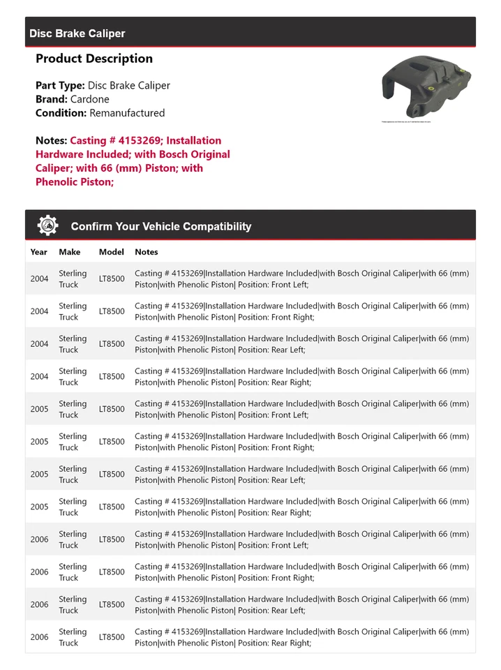 Pinza de freno de disco Cardone 2005 para camión Sterling LT8500 2004-2006 Foto 2 de 4