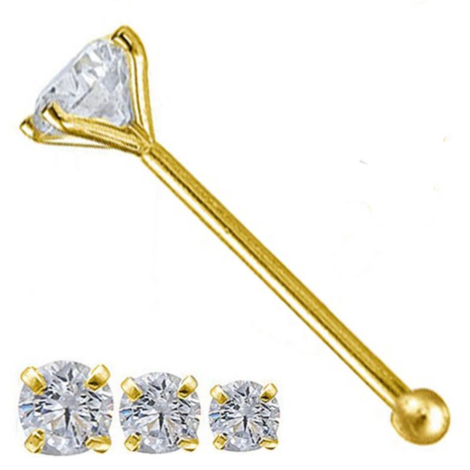 14K Solid Gold Round Cubic Zirconia Body Jewelry End Bone Nose Stud 25g 1mm-2mm - Image 2 of 4