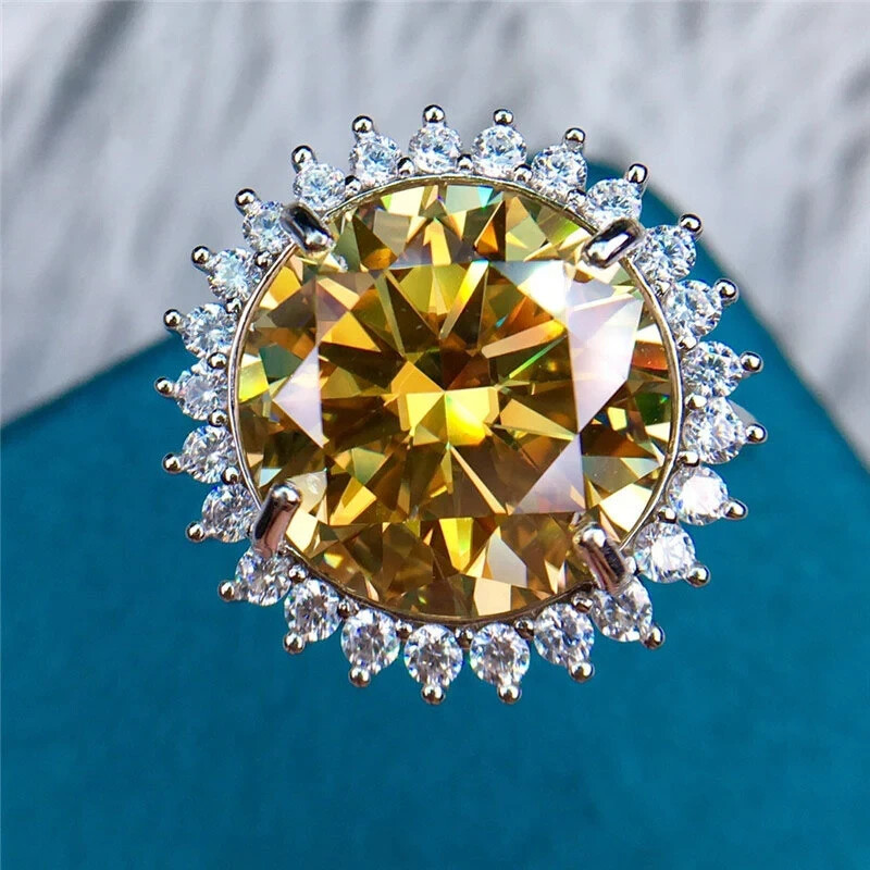 10Ct Round Moissanite Sunburst Halo VVS Vivid Yellow 18K Gold Ring