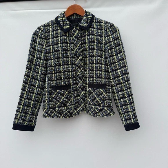 Chaqueta de tweed para mujer Ann Taylor azul marino y amarillo talla 0 Foto 2 de 4