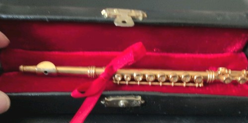 Solid Brass Flute & Case Miniature Authentic Musical Instrument Model Display
