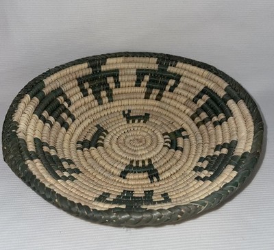 Woven Coil Basket Brown & Taupe People Figures Pattern 2 Inches High