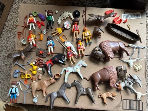 Vintage Playmobil Native American Indians, HORSES, Bison, Animals, Figures Lot