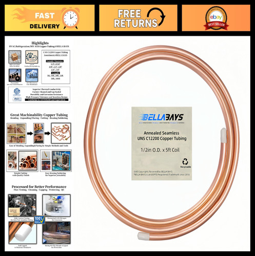 1/2" OD Copper Tubing 5ft - Seamless Soft Coil for HVAC, Refrigeration, DIY Proj