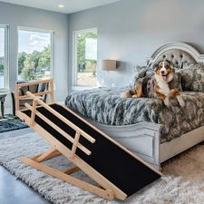 Folding Wooden Dog Ramp for High Bed 5 Level Adjustable Pet Ramp Non-Slip Stair