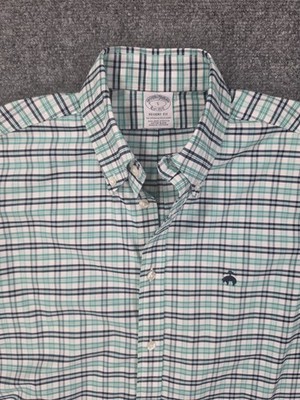Brooks Brothers Regent Fit Shirt Mens S Green Navy Plaid Non Iron Stretch