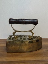 Vintage Brass Charcoal Clothes Iron with Wooden Handle - Antique Collectible