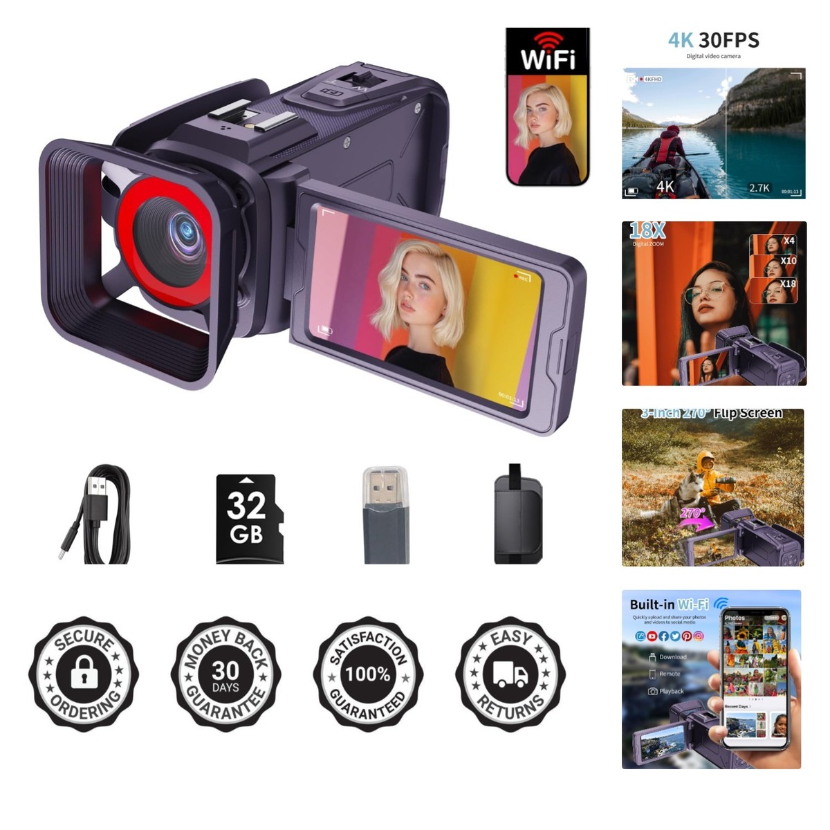 Compact 4K Camcorder with 18X Zoom & 3
