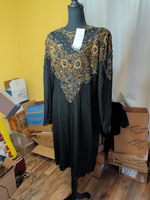 NWT! 100% Silk Sequin Eves Allure Cocktail Midi Dress Sz XL Black Gold Formal