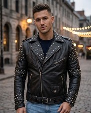 Men's Black Studded Genuine Leather Jacket, Sheepskin Steampunk Streetwear
