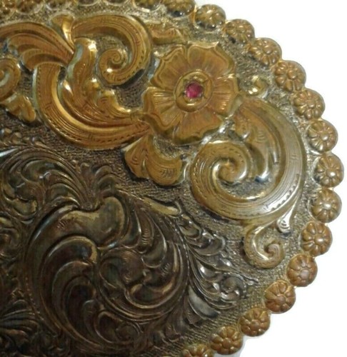 Crumrine Belt Buckle Ruby gemstone Floral oval silver bronze Fancy Vintage - Picture 5 of 10