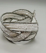 Boho White and Silver Seedbead Basket Weave Stretch Cuff Bracelet