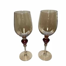 Pier 1 Wine Amber Luster  Glasses  Water Goblets Red Jewel Blown Glass Set of 2