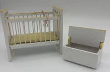 Vtg Wooden Dollhouse Crib Storage Crate Nursery Concord Miniature White & Yellow