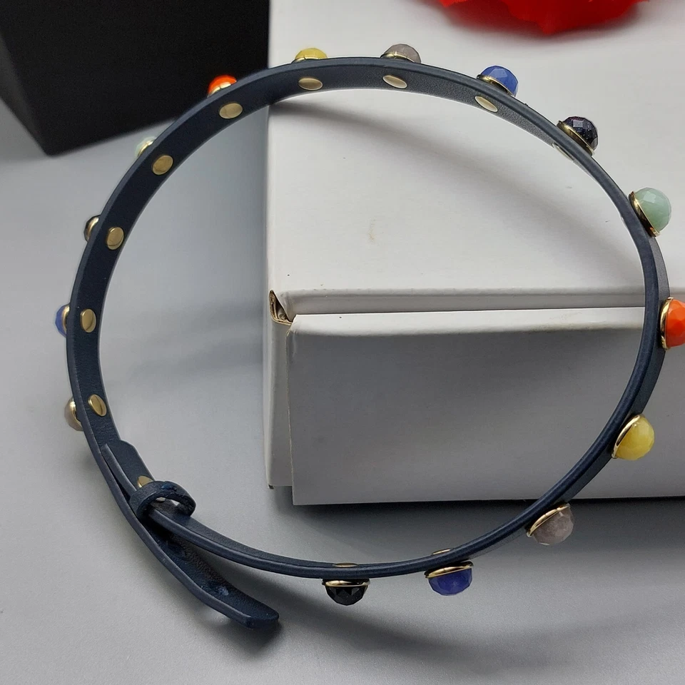 Collar de perro negro fósil firmado 14-15" cuentas multicolores borde tono dorado Foto 3 de 4