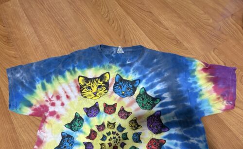 T-shirt vintage Y2K tie dye spirale testa di gatto hippie colorata manica corta taglia L - Foto 3 di 10