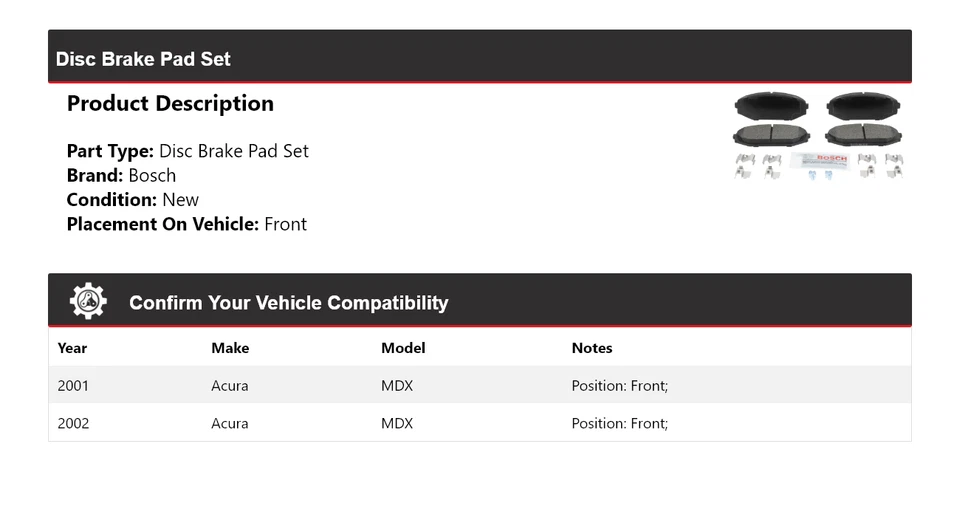 Pastillas de freno de cerámica azul Bosch 2001-2002 para Acura MDX con herrajes delanteros Foto 2 de 4